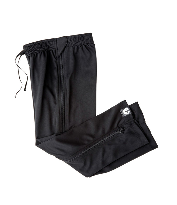 befree zipOns Youth Lightweight Adaptive Black Pants with Black Zippers on a white background
