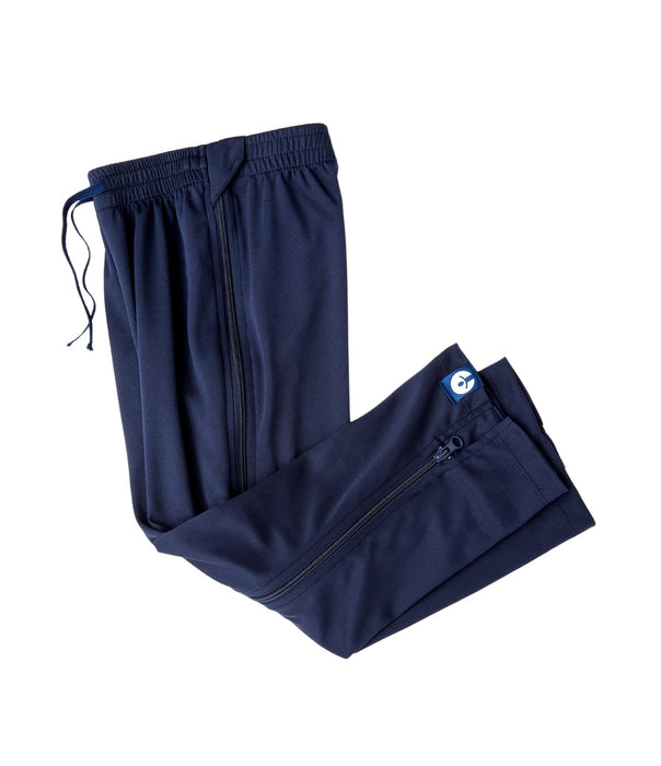 befree zipOns Youth Lightweight Adaptive Navy Pants with Navy Zippers on a white background