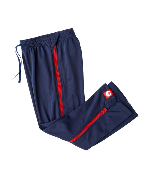 befree zipOns Youth Lightweight Adaptive Navy Pants with Red Zippers on a white background