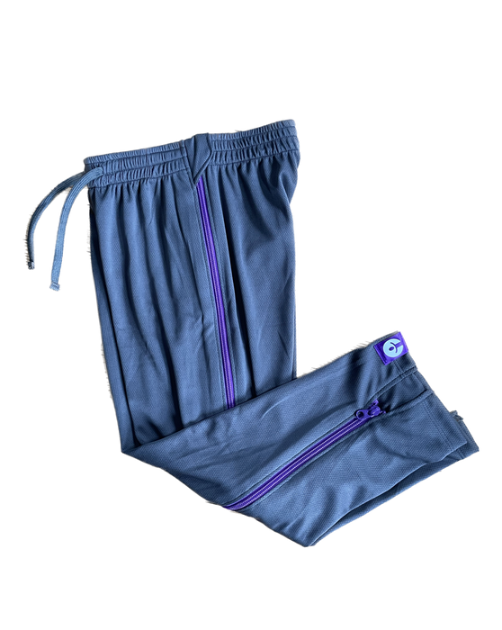 befree zipOns Youth Lightweight Adaptive Charcoal Pants with Purple Zippers on a white background