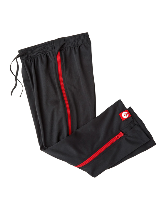 befree zipOns Youth Lightweight Adaptive Black Pants with Red Zippers on a white background
