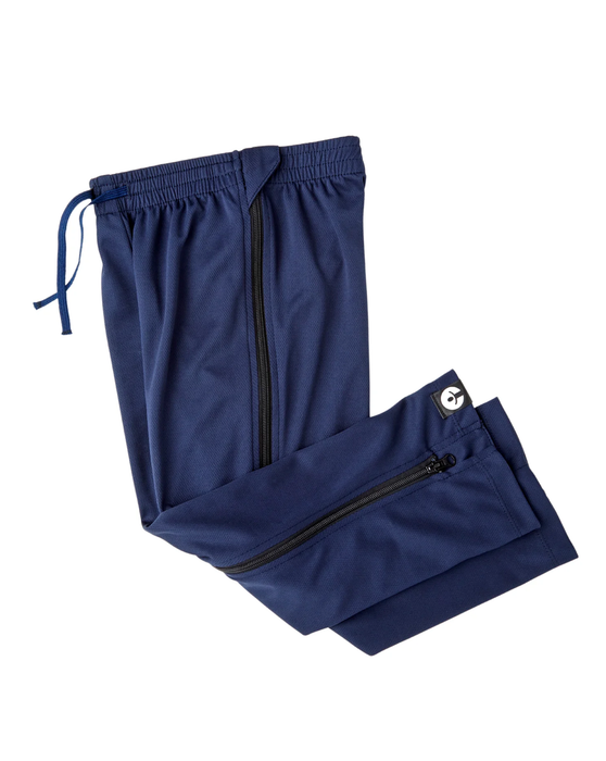 befree zipOns Youth Lightweight Adaptive Navy Pants with Black Zippers on a white background
