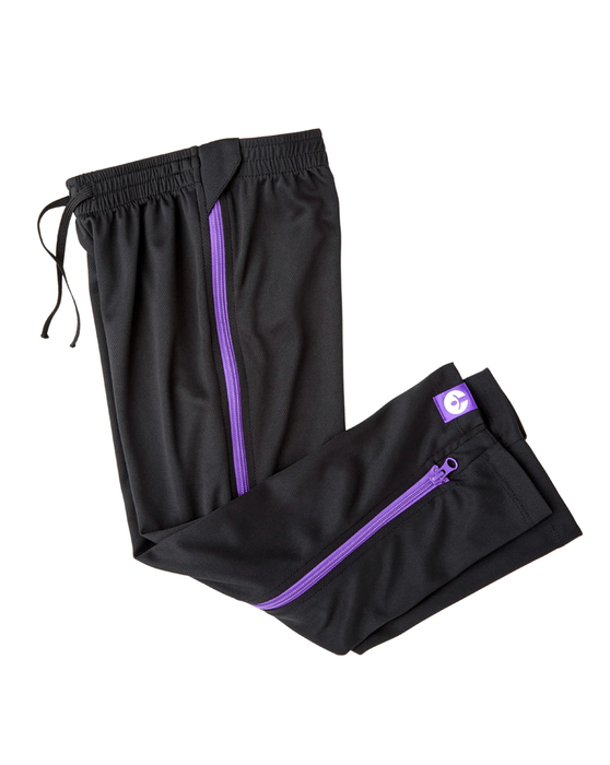 befree zipOns Youth Lightweight Adaptive Black Pants with Purple Zippers on a white background