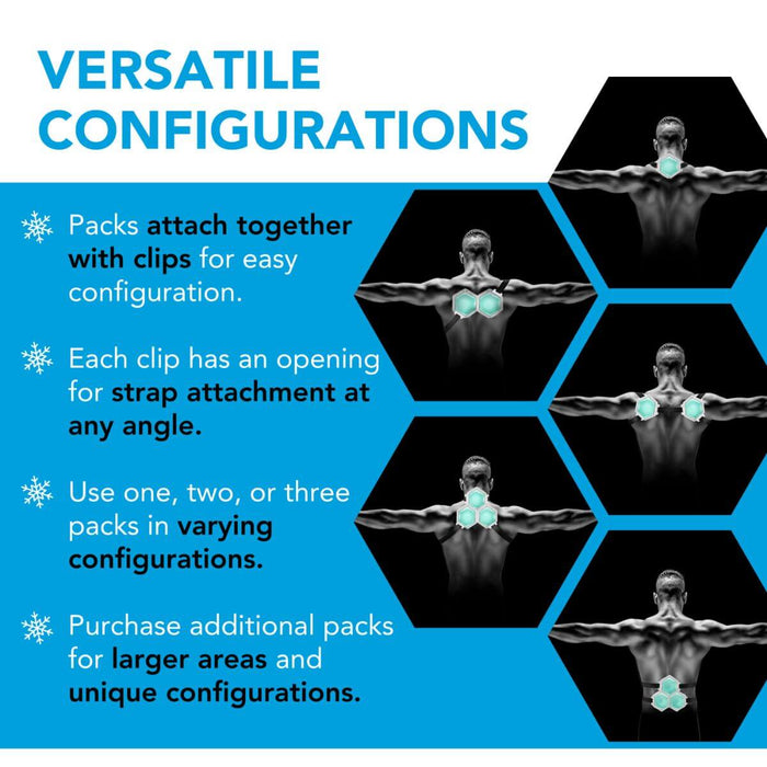Cryo2O Pain Relief Cryotherapy Ice Pack System versatile configurations. Packs attach together with clips for easy configuration. Each clip has an opening for strap attachment at any angle. Use one, two, or three packs in varying configurations. Purchase additional packs for larger areas and unique configurations.