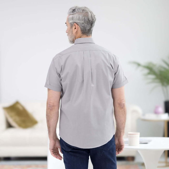 MagnaReady Dove Grey Short Sleeve Button Down Collar Shirt with Magnetic Closures - front view