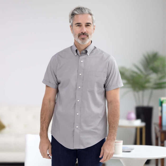MagnaReady Dove Grey Short Sleeve Button Down Collar Shirt with Magnetic Closures - worn by man with adaptive needs