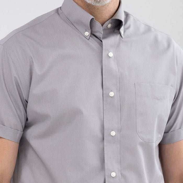 MagnaReady Dove Grey Short Sleeve Button Down Collar Shirt with Magnetic Closures - front view