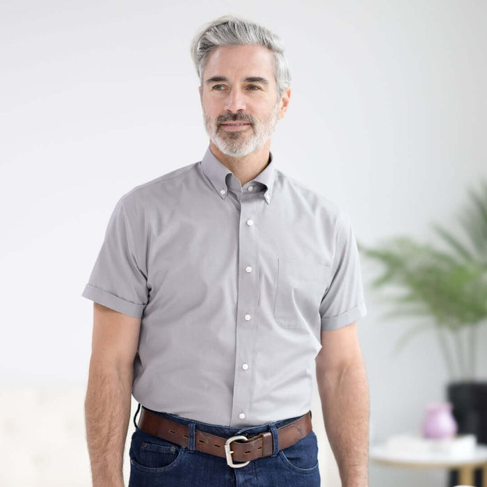 MagnaReady Dove Grey Short Sleeve Button Down Collar Shirt with Magnetic Closures - worn by man with adaptive needs