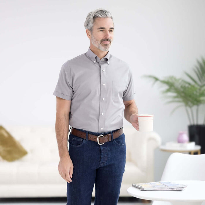 MagnaReady Dove Grey Short Sleeve Button Down Collar Shirt with Magnetic Closures - front view