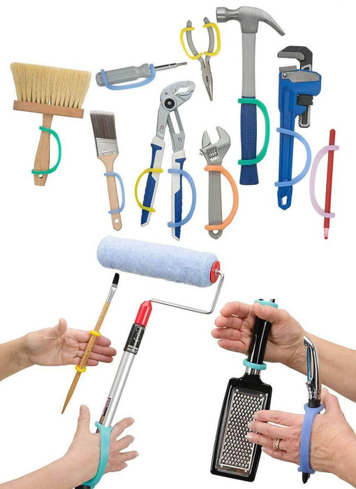 Set of tools held by hands with an EaZyHold Grip Aid on a white background
