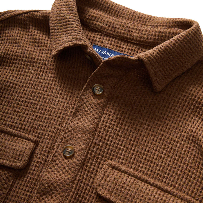 MagnaReady Magnetic Front Waffle Weave Casual Shirt with Dual Pockets in Choco - detail view