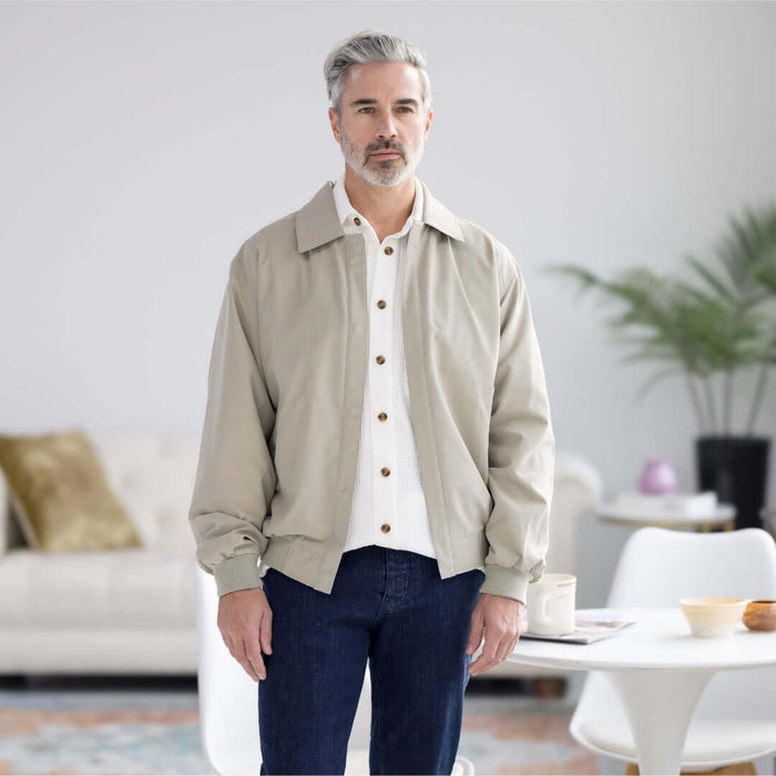 MagnaReady X Weatherproof Classic Golf Jacket with Magnetic Closures in New Stone - lifestyle shot