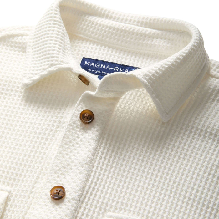 MagnaReady Magnetic Front Waffle Weave Casual Shirt with Dual Pockets in White - worn view