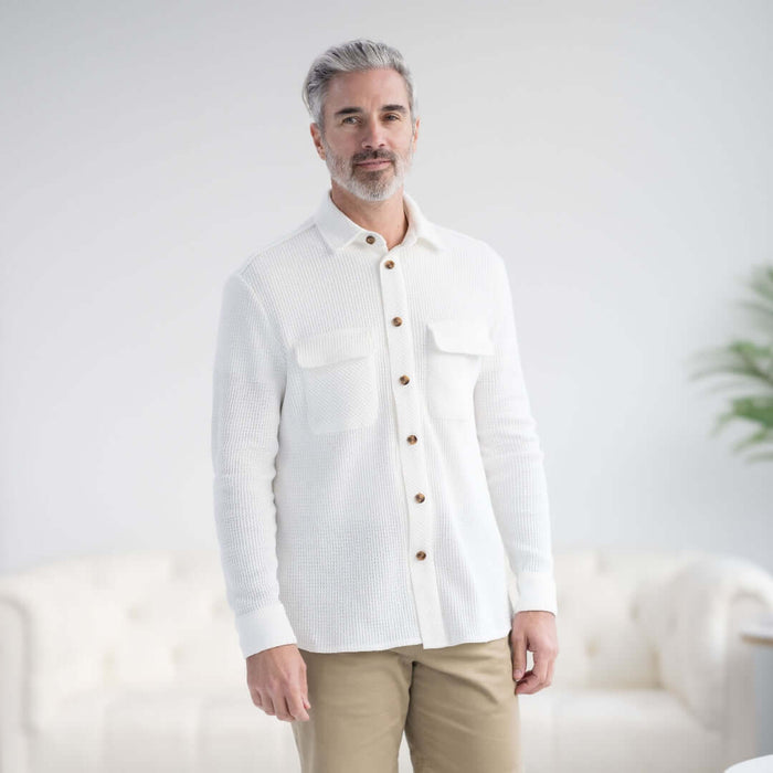 MagnaReady Magnetic Front Waffle Weave Casual Shirt with Dual Pockets in White - front view