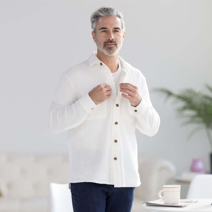 MagnaReady Magnetic Front Waffle Weave Casual Shirt with Dual Pockets in White - lifestyle view