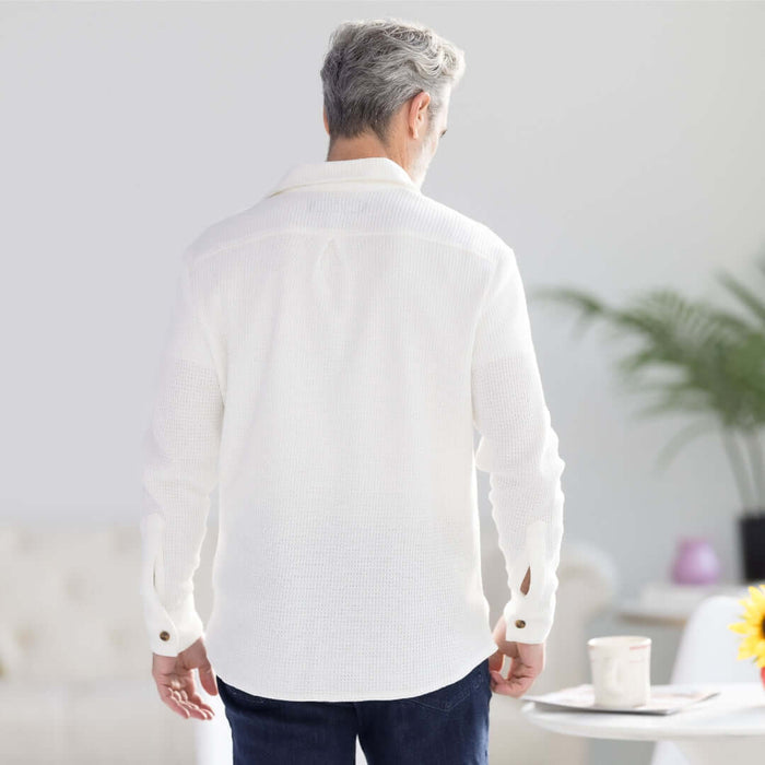 MagnaReady Magnetic Front Waffle Weave Casual Shirt with Dual Pockets in White - rear view