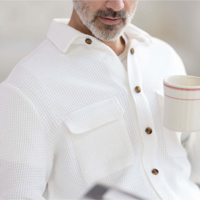 MagnaReady Magnetic Front Waffle Weave Casual Shirt with Dual Pockets in White - dual oversized pockets
