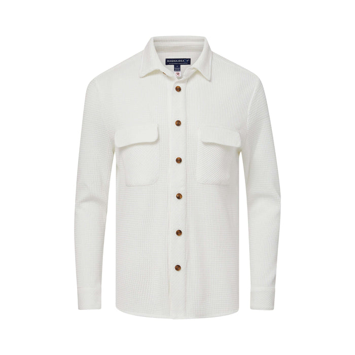 MagnaReady Magnetic Front Waffle Weave Casual Shirt with Dual Pockets in White - comfort view