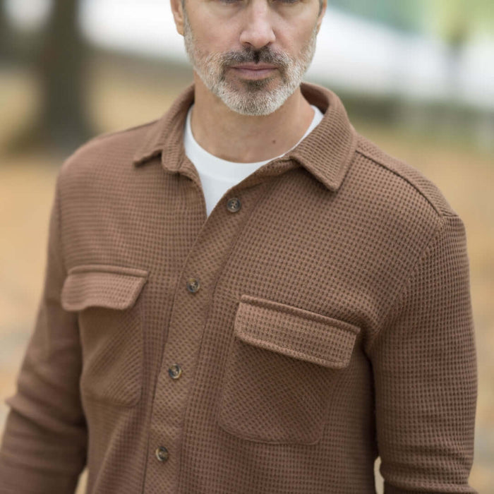 MagnaReady Magnetic Front Waffle Weave Casual Shirt with Dual Pockets in Choco - lifestyle view