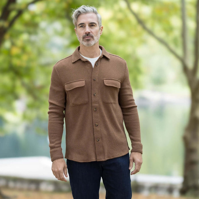 MagnaReady Magnetic Front Waffle Weave Casual Shirt with Dual Pockets in Choco - front view