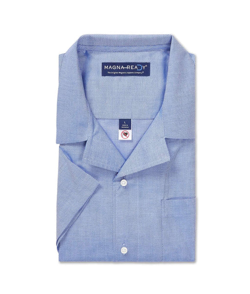 MagnaReady Short Sleeve Untucked Blue Camp Casual Shirt with Magnetic Closures - front view