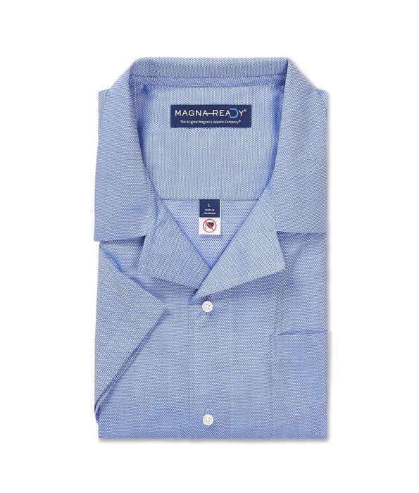 MagnaReady Short Sleeve Untucked Blue Camp Casual Shirt with Magnetic Closures - front view