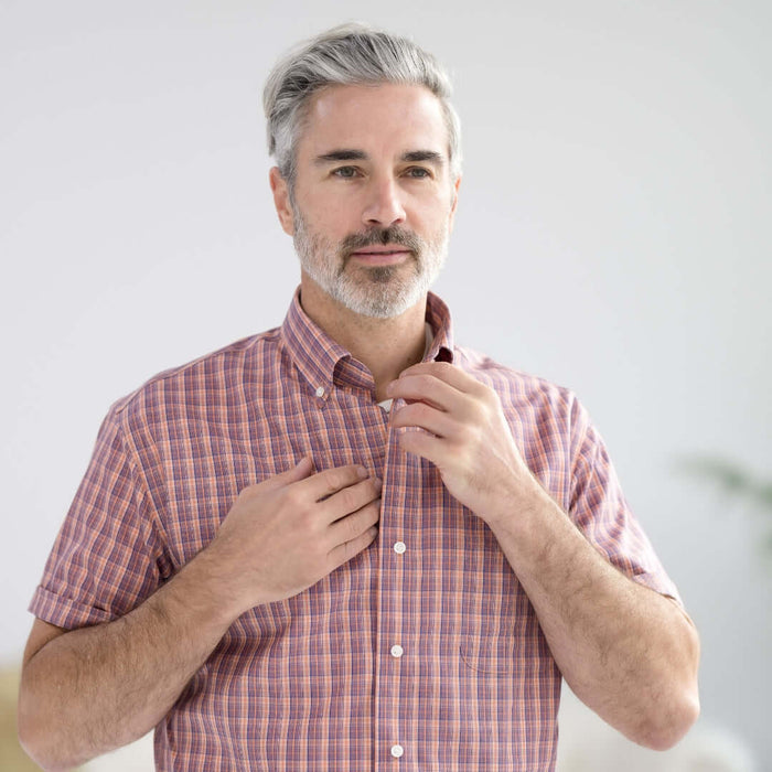 MagnaReady Orange Plaid Short Sleeve Button Down Collar Shirt with Magnetic Closures - front view