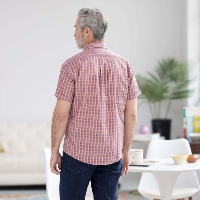 MagnaReady Orange Plaid Short Sleeve Button Down Collar Shirt with Magnetic Closures - worn by man with adaptive needs