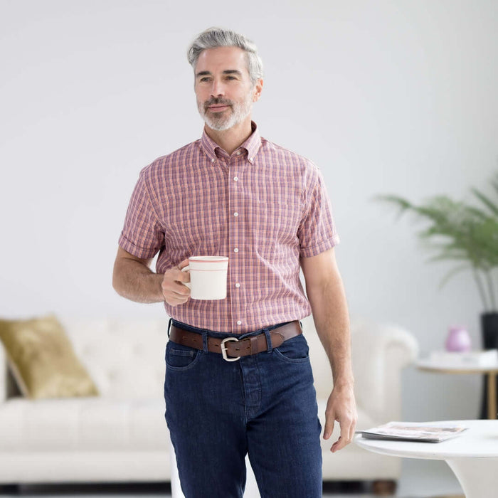 MagnaReady Orange Plaid Short Sleeve Button Down Collar Shirt with Magnetic Closures - worn by man with adaptive needs