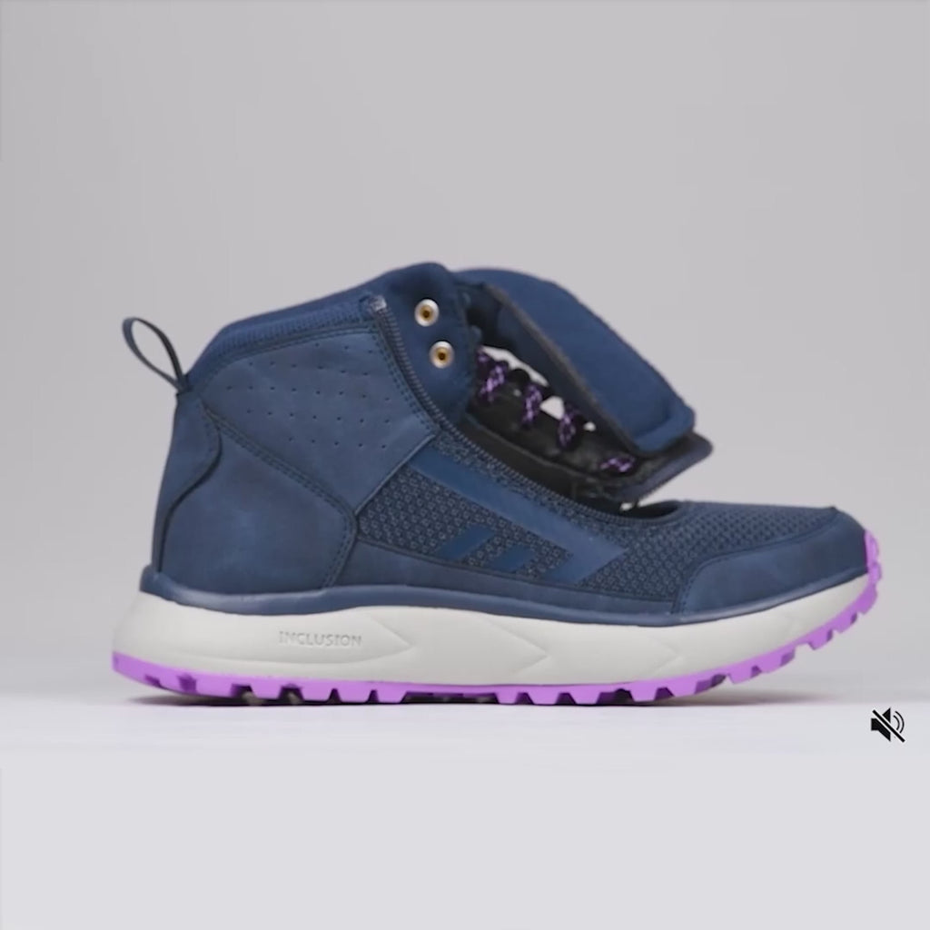 Video of Women's Navy/Purple BILLY Inclusion Trail Boot on a white background