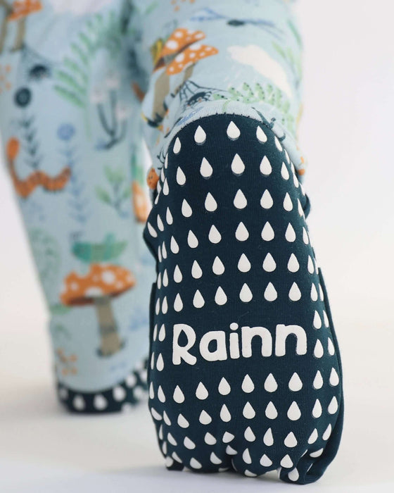 Detail of Rainn Bamboo Critter Hollow Crescent Zipp Jammies foot cover traction on a white background