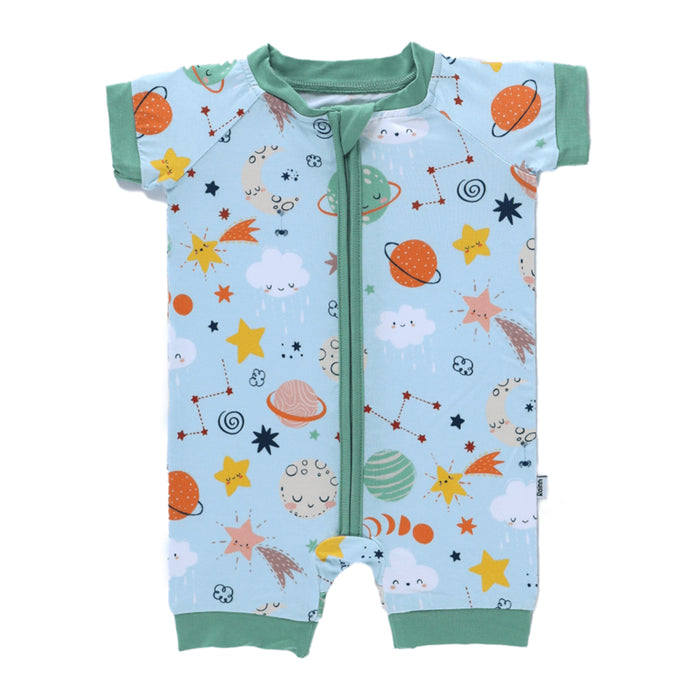 Rainn Bamboo Cosmic Short Zipp Romper on a white background