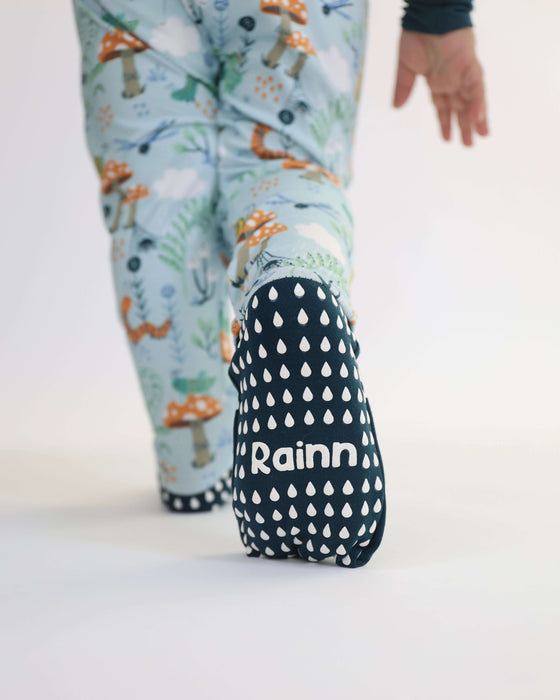 Detail of Rainn Bamboo Critter Hollow Zipp Jammies foot cover traction on a white background