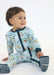 Baby wearing a Rainn Bamboo Critter Hollow Zipp Jammies on a white background