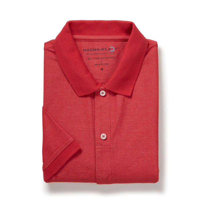 MagnaReady Red Heather Pique Knit Short Sleeve Polo with Magnetic Closures - lifestyle shot
