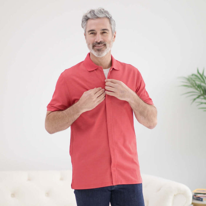 MagnaReady Red Heather Pique Knit Short Sleeve Polo with Magnetic Closures - front view