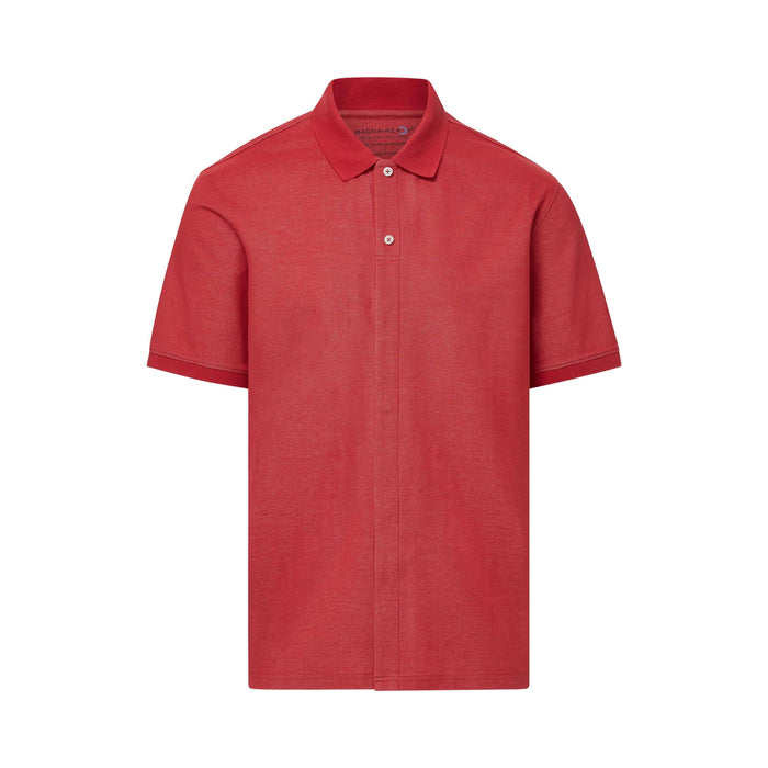 MagnaReady Red Heather Pique Knit Short Sleeve Polo with Magnetic Closures - detail view