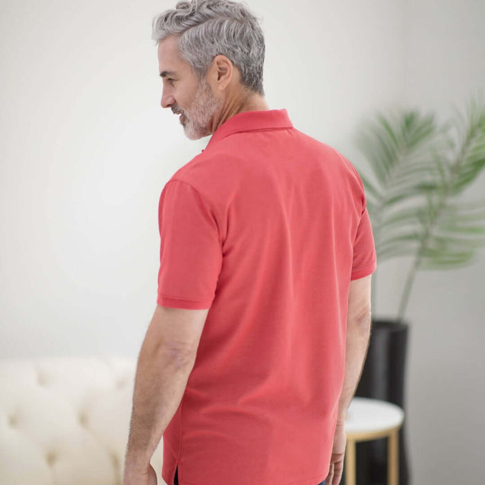 MagnaReady Red Heather Pique Knit Short Sleeve Polo with Magnetic Closures - lifestyle shot