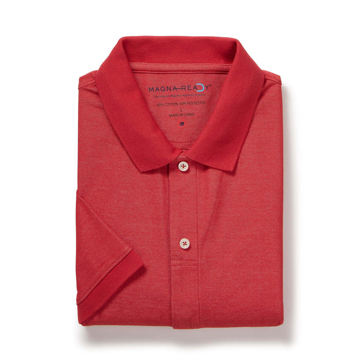 MagnaReady Red Heather Pique Knit Short Sleeve Polo with Magnetic Closures - front view