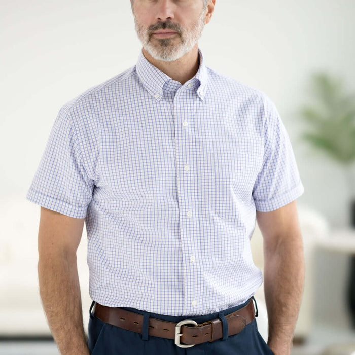 MagnaReady Short Sleeve Red White and Blue Button Down Collar Shirt with Magnetic Closures - worn by man with adaptive needs