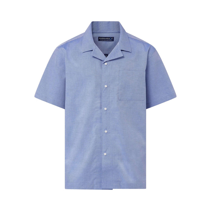 MagnaReady Short Sleeve Untucked Blue Camp Casual Shirt with Magnetic Closures - camp collar detail