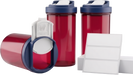 Three red translucent SnapSlide prescription vials with navy blue caps, one on its side with its white PRESS tab slid open, beside a sheet of three blank white labels on a white background