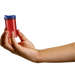 Hand holding a red translucent SnapSlide prescription vial with a navy blue cap on a white background