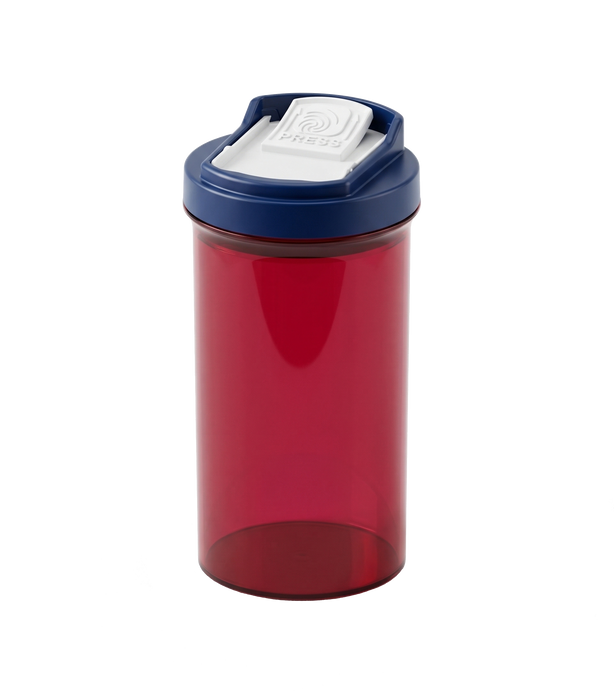 Red translucent SnapSlide prescription vial with a navy blue cap and a white PRESS tab on a white background
