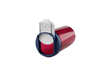 Red translucent SnapSlide prescription vial on its side with the white PRESS tab slid open above the navy blue cap on a white background