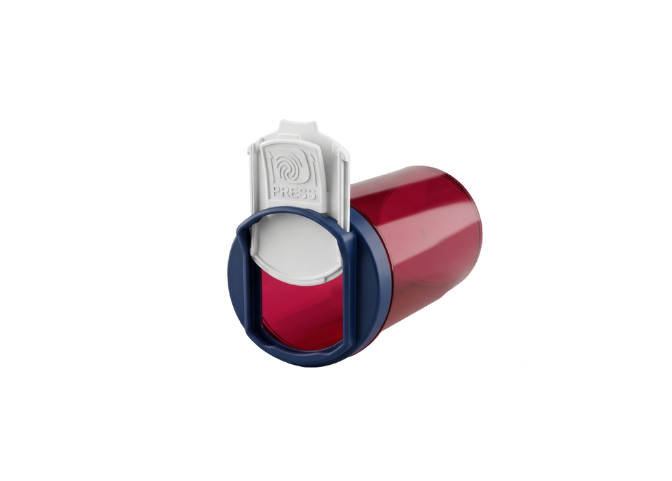 Red translucent SnapSlide prescription vial on its side with the white PRESS tab slid open above the navy blue cap on a white background