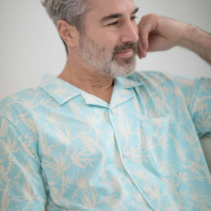 MagnaReady Untucked Short Sleeve Cooling Shirt with Magnetic Closures in Blue Leaf - lifestyle view