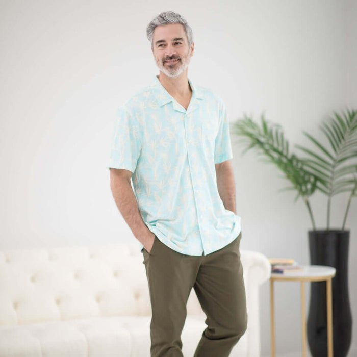 MagnaReady Untucked Short Sleeve Cooling Shirt with Magnetic Closures in Blue Leaf - worn view