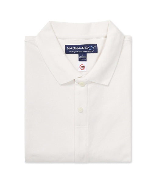 MagnaReady White Pique Knit Short Sleeve Polo with Magnetic Closures - lifestyle shot