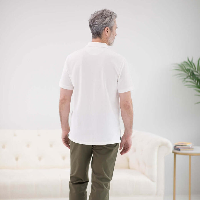 MagnaReady White Pique Knit Short Sleeve Polo with Magnetic Closures - lifestyle shot